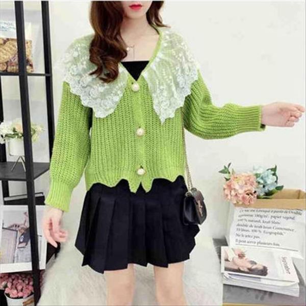 

women 2020 spring autumn knitted sweater cardigans female long sleeve single breasted solid knit coat lace patchwork outwear g56, White;black