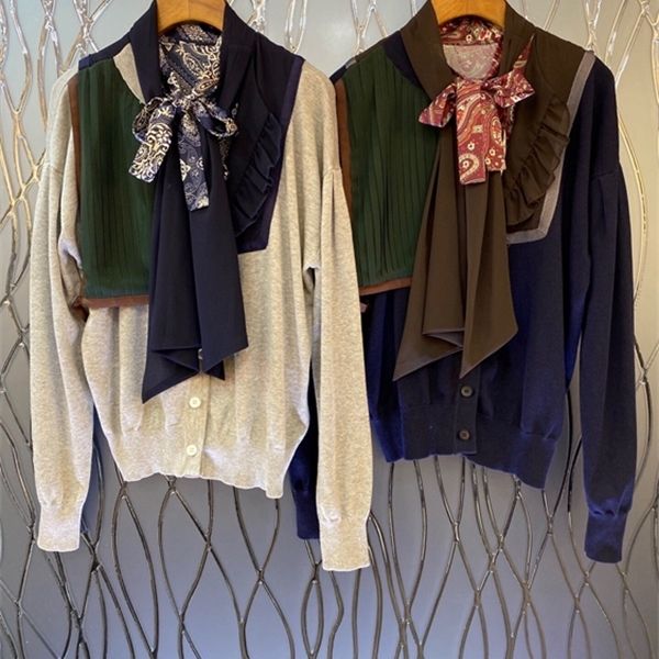 

2020 autumn and winter new women's neckline color matching ribbon decoration long-sleeved wild loose sweater 1121 h1211, White;black