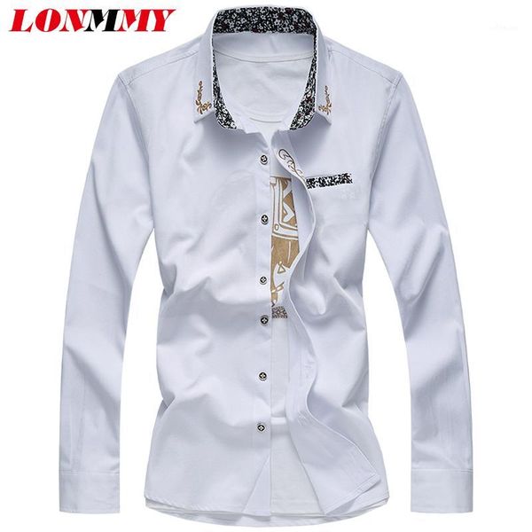 

lonmmy plus size -7xl flower shirt men long sleeves embroidered floral print mens dress shirts brand clothing new 2020 autumn1, White;black