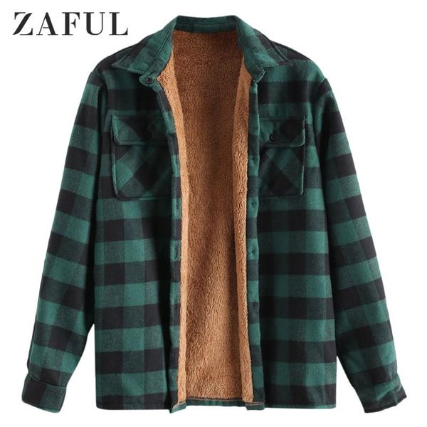 

zaful winter men chest pocket plaid plush jacket shirts long sleeve striped plaid print blouse plush button jacket outdoor, Black;brown