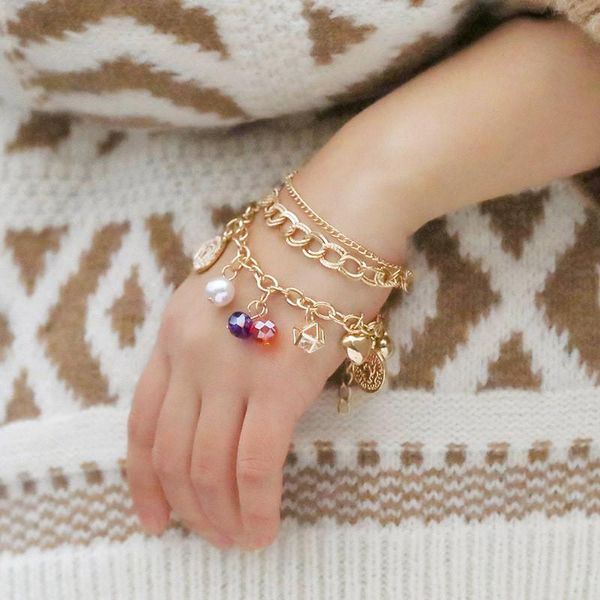 

zzyoup gold color portrait heart coin multi-layer bracelets for women girls beauty crystal pearls party birthday jewelry, Black