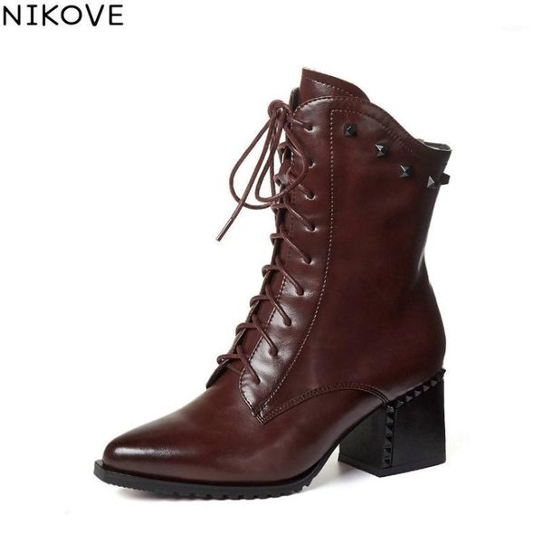 

boots nikove 2021 rivet cow leather ankle autumn winter lace up zipper women shoes square heel pointed toe short size34-421, Black