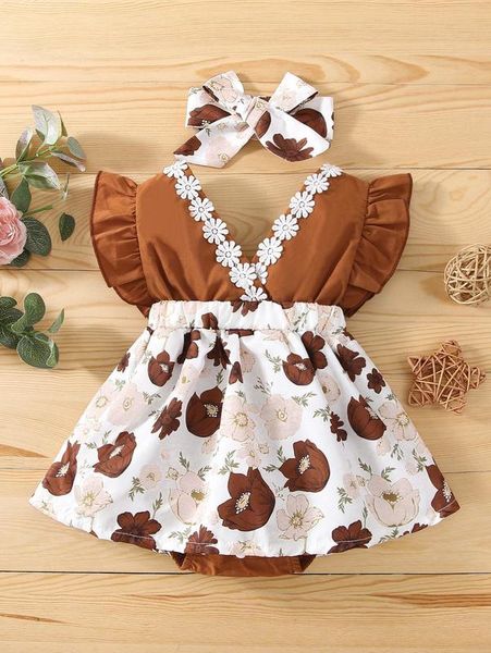 

baby floral appliques v neck dress with headband she, Red;yellow