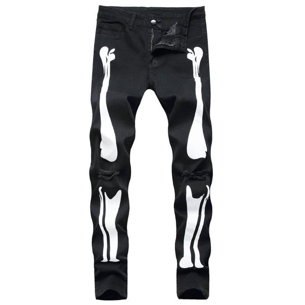 

men's jeans 2021 streetwear men stretch painted denim slim supper skinny printed hip hop, Blue