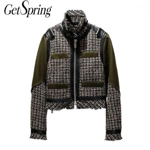 

getspring women woolen coat vintgae plaid women coats jackets winter patchwork fashion short wool coat 2020 new fashion1, Black