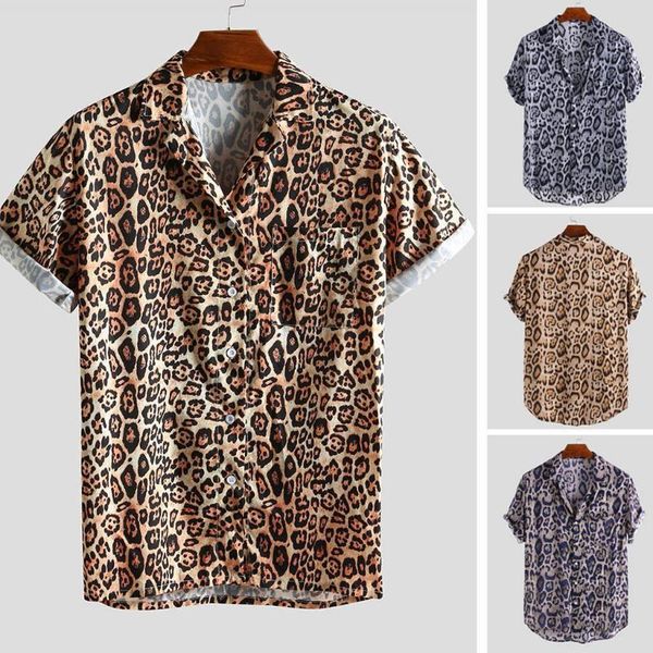 

shirts for men leopard printed loose hawaiian shirt chest pocket turn down collar short sleeve harajuku oversize mens shirts, White;black