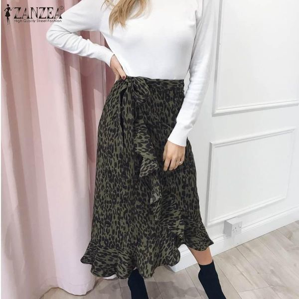 

fashion leopard skirts women's spring printed vestidos 2020 zanzea casual lace-up asymmetrical skirts female faldas saia robe1, Black