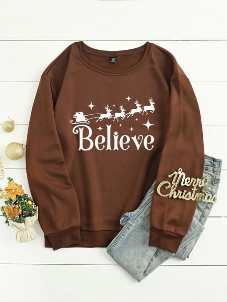 

plus christmas & letter graphic thermal lined sweatshirt v7jn#, Black