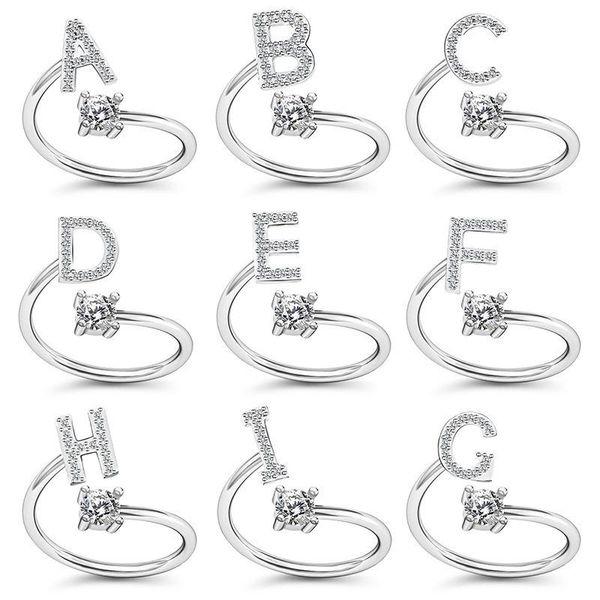 

cluster rings a-z letters ring for women zircon open initials name alphabet party adjustable girlfriend gift fashion jewelry, Golden;silver