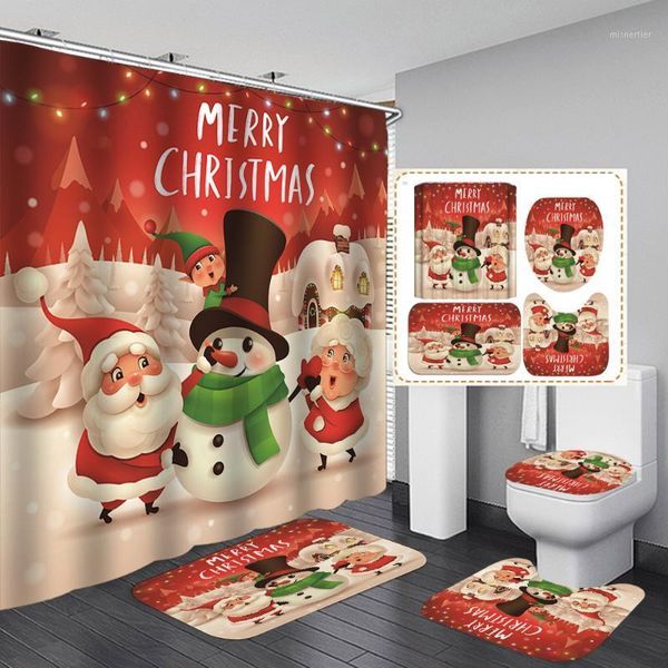 

santa couple snowman bathroom curtains merry christmas shower curtain toilet cover mat non slip rug holiday party home decor1