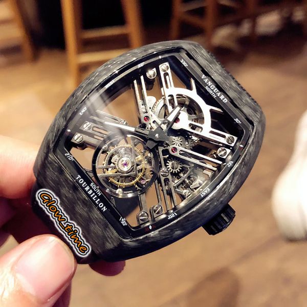 

super version new saratoge v 45 t sqt carbone true tourbillon automatic carbon fiber case mens watch skeleton dial leather strap watches, Slivery;brown