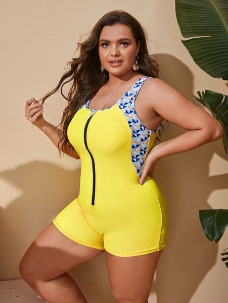 

plus geometric print zipper front one piece swimsuit e4f8#, Black