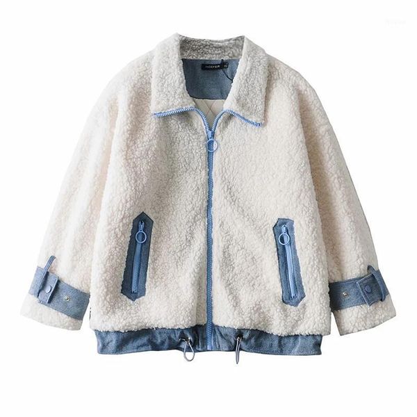 

winter new fashion spliced drawstring denim faux lamb fur coat women fashion zippers turn-down collar cashmere jacket1, Black