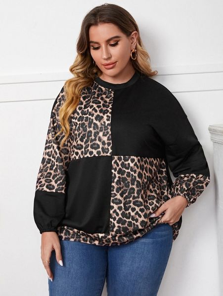 

plus leopard drop shoulder pullover i4vt#, Black