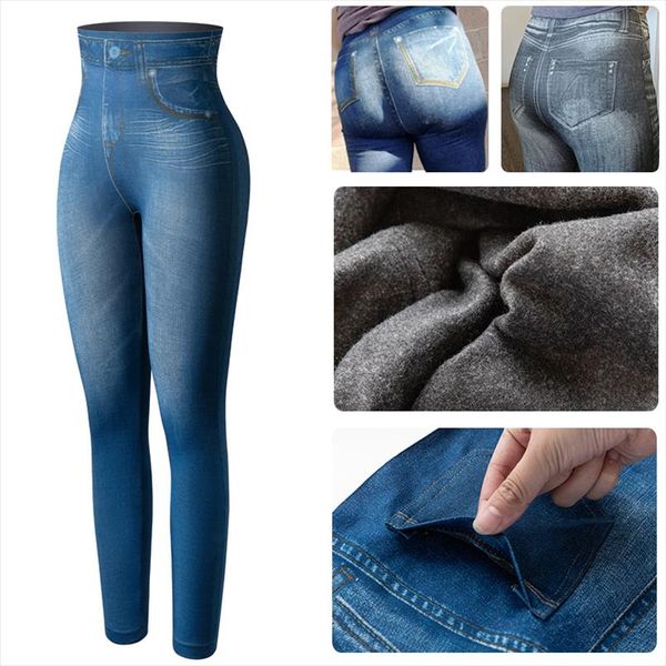 

faux denim warm leggings high waist fleece lined leggings with pocket jeans printing skinny pants women slimming fitness leggins, Black