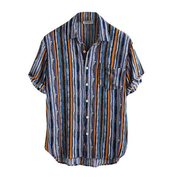 

men hawaiian shirt striped breathable lapel short sleeve camisa 2021 summer casual streetwear vacation blouse chemise, White;black