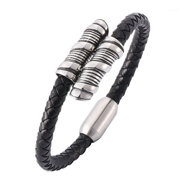 

fashion men charms spiral stainless steel magnetic buckle bracelet black leather bracelet punk man wrist band gifts bb7721, Golden;silver