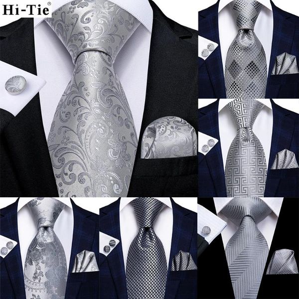 

hi-tie luxury silver novelty men tie gravata silk wedding necktie for men hanky cufflink set fashion design businessdropshipping, Black;gray