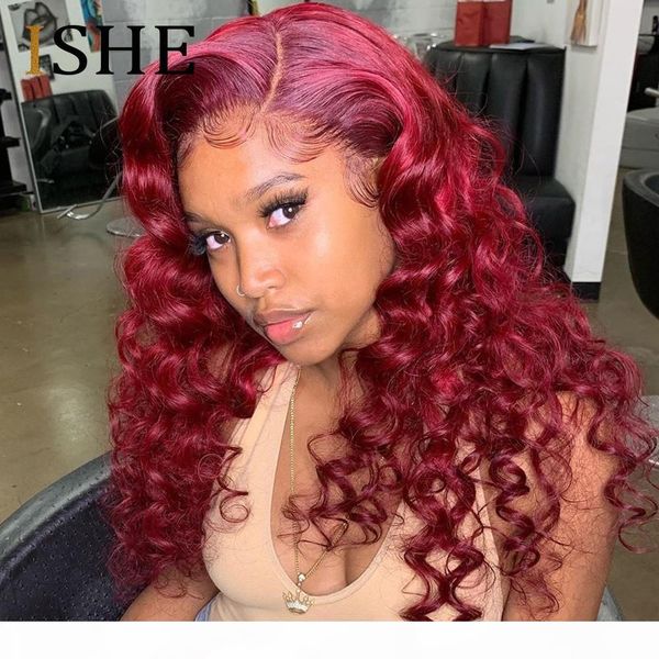 

burgundy red 13x6 lace front human hair wig 99j colored loose curly human hair wigs for black women pre plucked remy 150 ishe