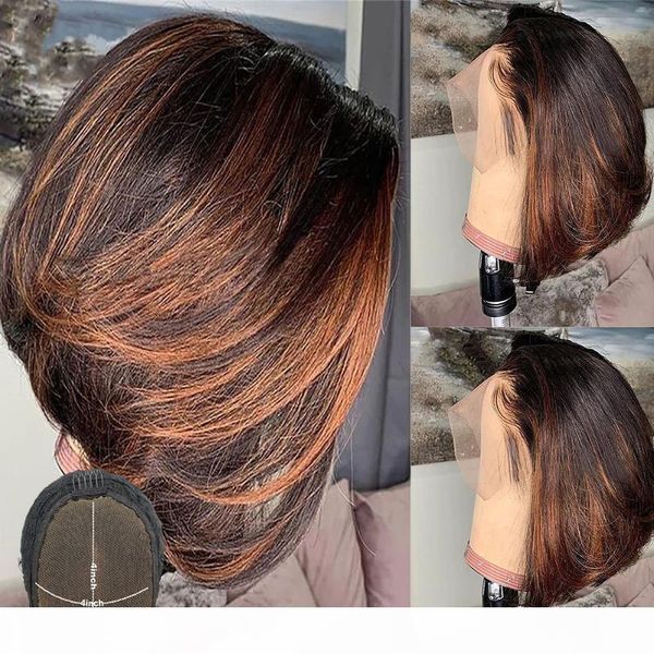

ombre highlight wig short bob 4x4 lace closure wig glueless honey blonde ombre colored human hair pre plucked remy atina, Black;brown