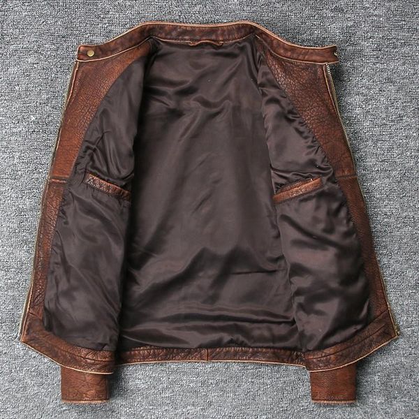 

autumn cow genuine mens leather jacket motorcycle stand collar vintage classic zipper real leather coat slim brown biker jacket, Black