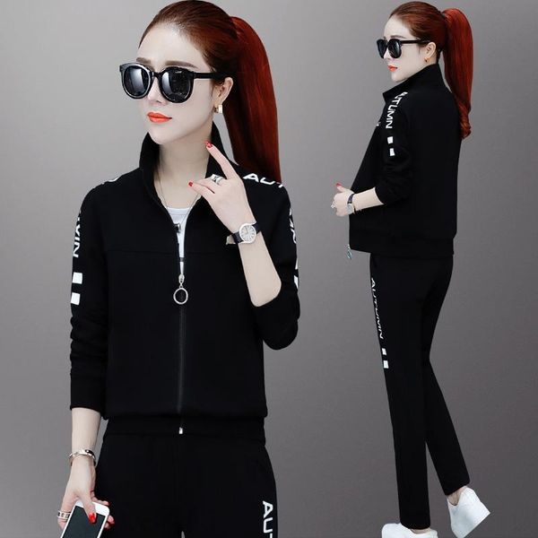 

high cotton sportswear suit women's spring and sports women's autumn 2019 new fashion stand collar loose large casual three piece, Gray