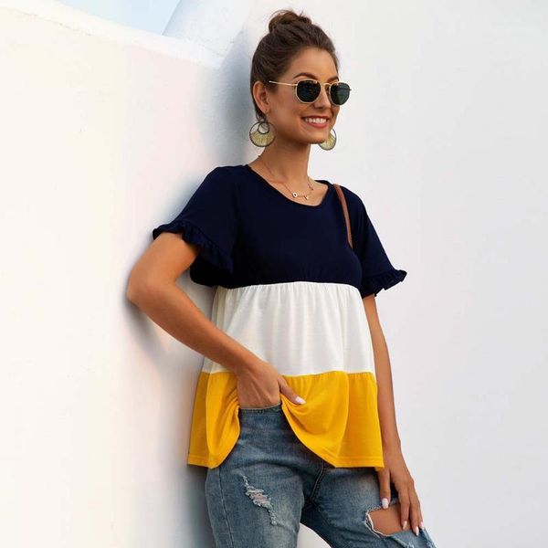 

street casual petal short sleeve tricolor stitching o neck spring t shirt for women summer women loose t shirt1, White