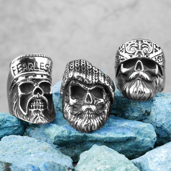 

punk cool hat big bread skull fearless stainless steel mens rings hip hop for boyfriend biker jewelry creativity gift wholesale wmtlxo, Bronze;silver