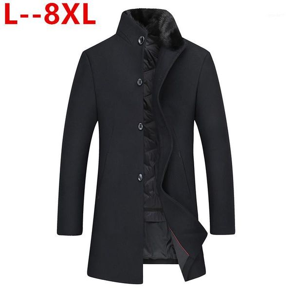 

men's wool & blends plus 8xl 6xl 5xl winter trench coat men fashion solid stand collar steampunk casual abrigos hombre button long jack, Black