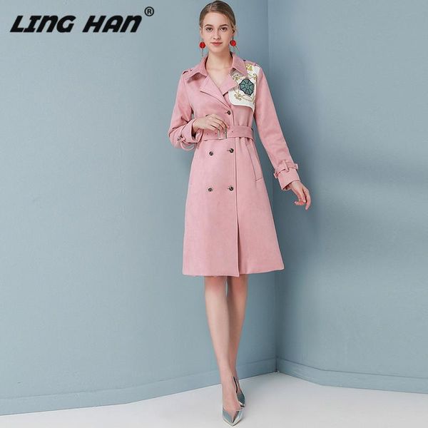 

linghan fashion pink long windbreaker long sleeve double-breasted temperament slim overcoat outwear designer autumn winter new, Tan;black