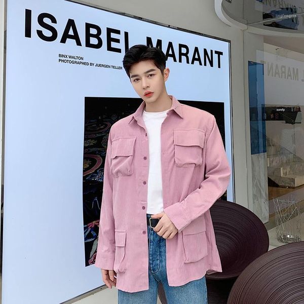 

male women high street hip hop pink yellow shirt coat men multi-pocket corduroy long sleeve casual shirt style cargo jacket1, White;black
