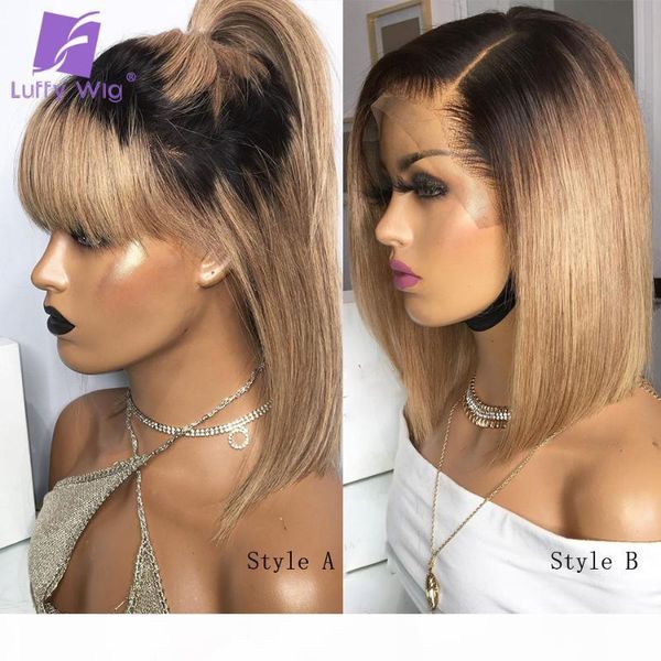 

ombre short bob 4x4 lace closure wigs glueless brazilian remy hair 13x6 lace front wig pre plucked for women 2styles luffy, Black;brown