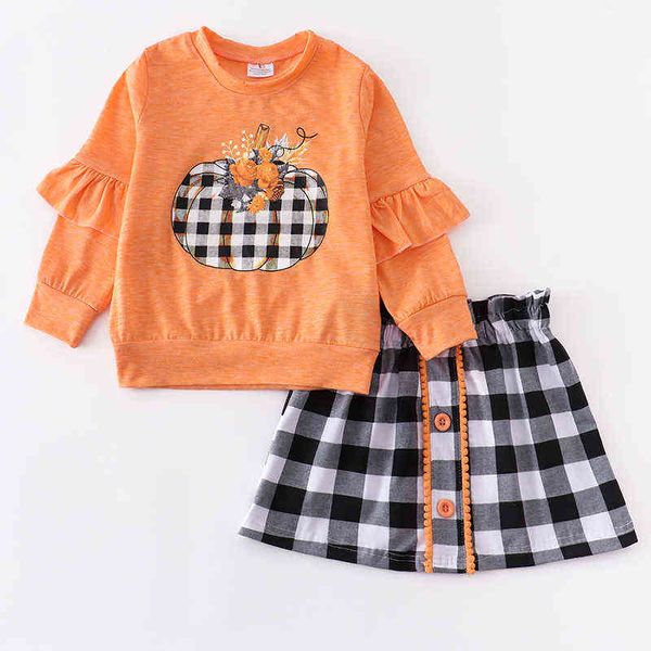 Girlymax Queda / Inverno 2 Cores Bebê Meninas Algodão Ruffles xadrez Gingham Saia Boutique Caminhão de Manga Longa Abóbora Top Kids Roupas G1218