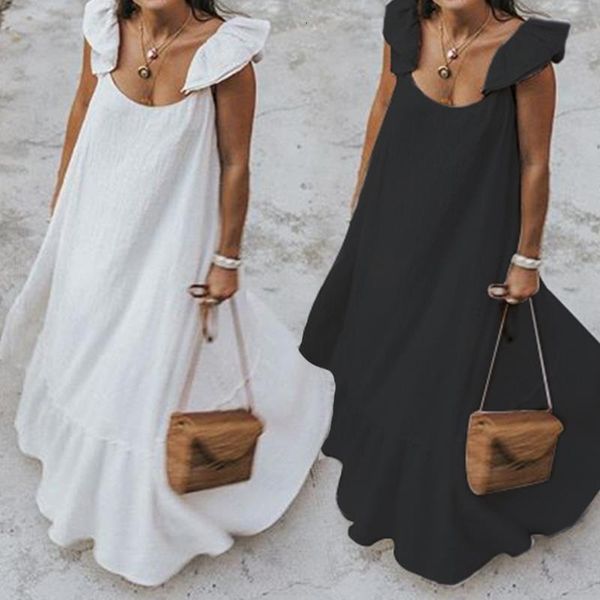

summer sundress women bohemian solid maxi dress casual loose female sleeveless robe long ruffles vestidos plus size, Black;gray
