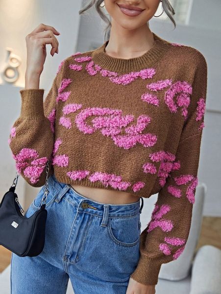 

graphic print drop shoulder sweater 64dt#, White