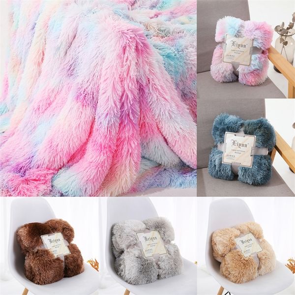 Neue weiche Pelz Faux Flauschige Decke Bett Sofa Bettdecke Tie-Dye Lange Shaggy Warme Bettwäsche Blatt Korallen Fleece Decken 201222