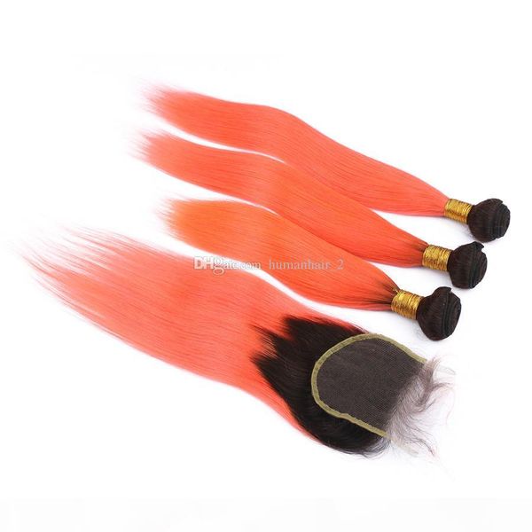 

dark roots human hair weaves with lace closure straight orange hair bundles with 4x4 lace closure orange hair weaves, Black;brown