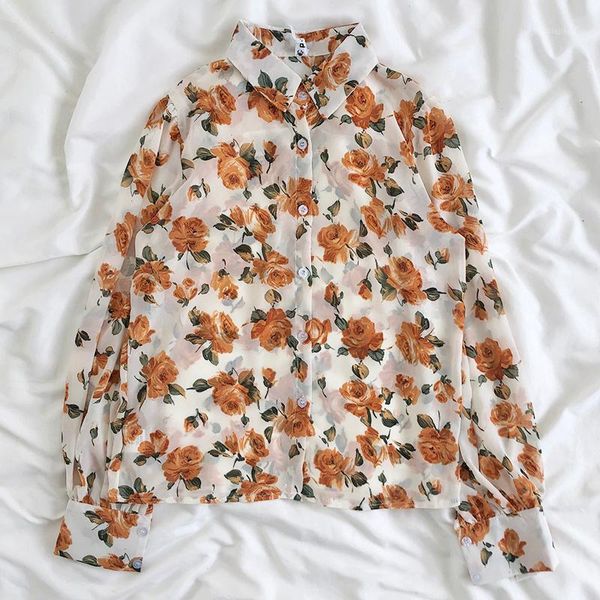 

chiffon floral women blouse vintage long sleeve shirt mujer spring summer loose plus size blouse women 2020 blousa1, White