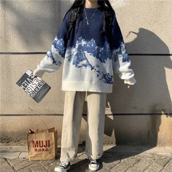 

new warm 2021 academic winter around the neck jumper pattern jacquard students female sweater loose leotard mox4, White;black