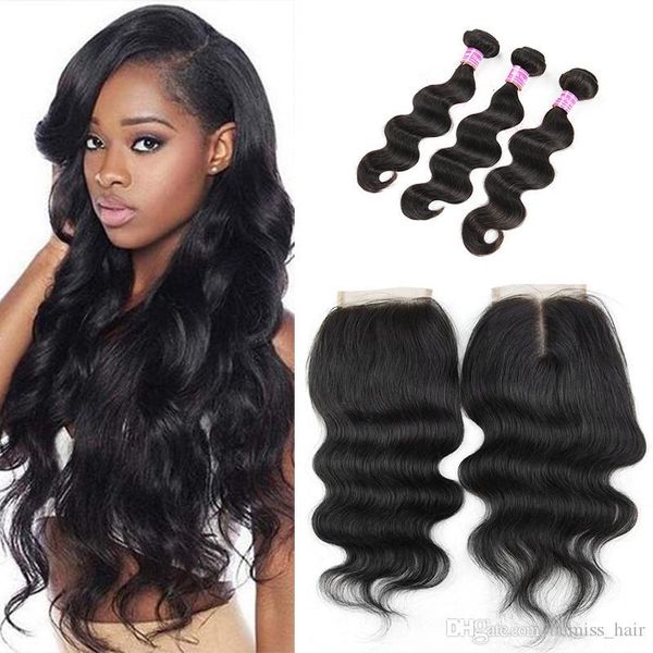 

3 bundles body wave with closure unprocessed natural color virgin human hair weaves dhgate can be permed hair closures, Black