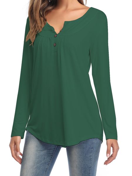 

yoga outfits autumn solid color plus size women v-neck button long-sleeved shirt pleated loose t-shirt, White;red