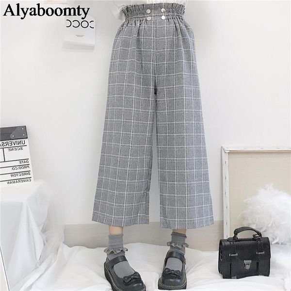 

japanese lolita style autumn women wide leg pants elastic waist apricot gray plaid loose trousers cute kawaii student's capris1, Black;white
