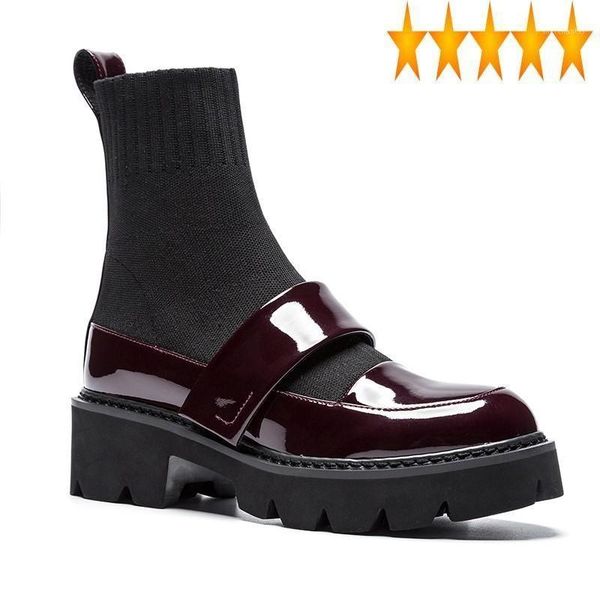 

boots ankle british heel style thick women 2021 vintage slip-on elastic socks autumn winter luxury platform shoes1, Black