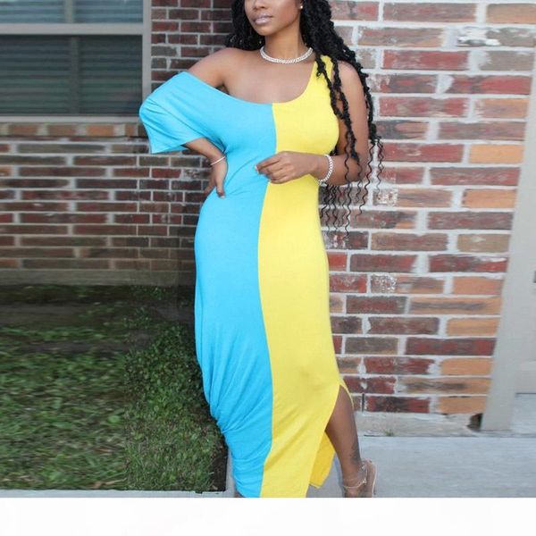 

women casual plus size color block dress one shoulder summer maxi dress loose daily long dress t200522, Black;pink