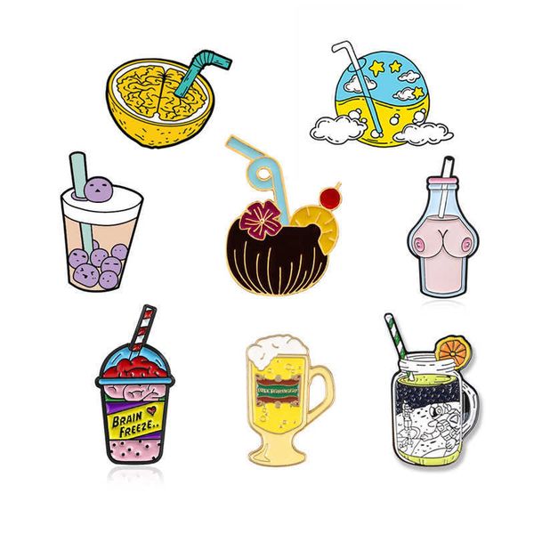 

fashion creativity all kinds of drinks combination badge coconut milk pearl milk tea brain shape juice trend brooch, Gray
