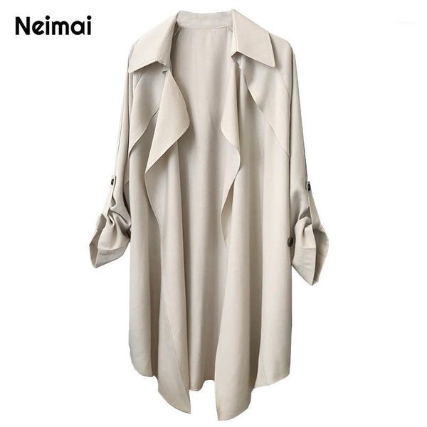 

autumn winter 2019 new casual england style trench coat turn down collar full sleeve belt a line long clothes women black white1, Tan;black