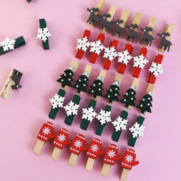 

20pcs chrsitmas decoration for home cute snowflake deer xmas tree wooden clips p wall clip diy new year party ornaments
