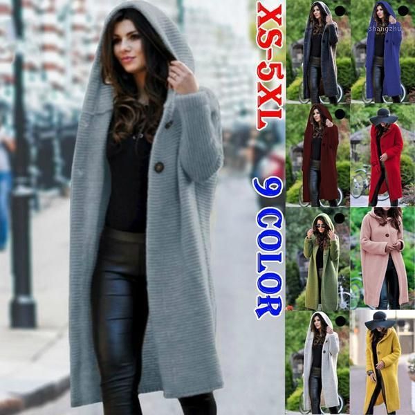 

casual women autumn winter wool cardigan sweater thick long hooded coat plus size loose pure color knitted sweaters xs-5xl1, Black