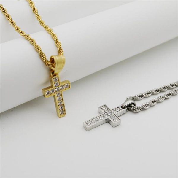 

simple female iced out cz small cross pendant necklace for women gold color stainless steel christian jewelry mother's day gift, Silver