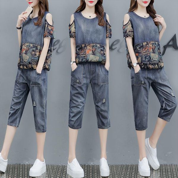 

denim 2 piece set women outfits off shoulder print floral plus size two pieces jeans co ord pants suits 2021 summer, Gray